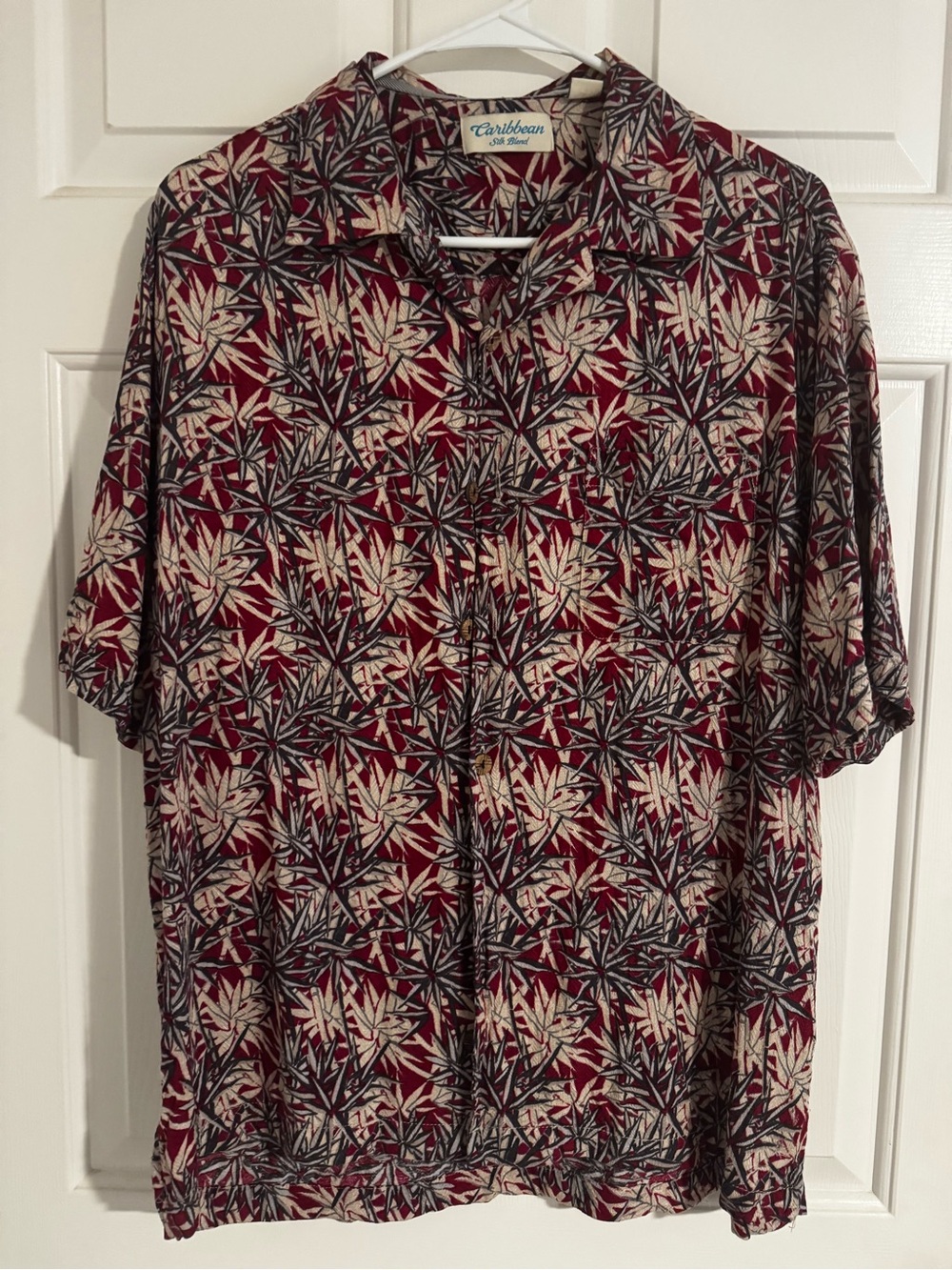 Caribbean Short-Sleeve Button-Down Shirt - Burgundy and Cream Leaf Print